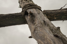 looking up at a rugged wood cross 