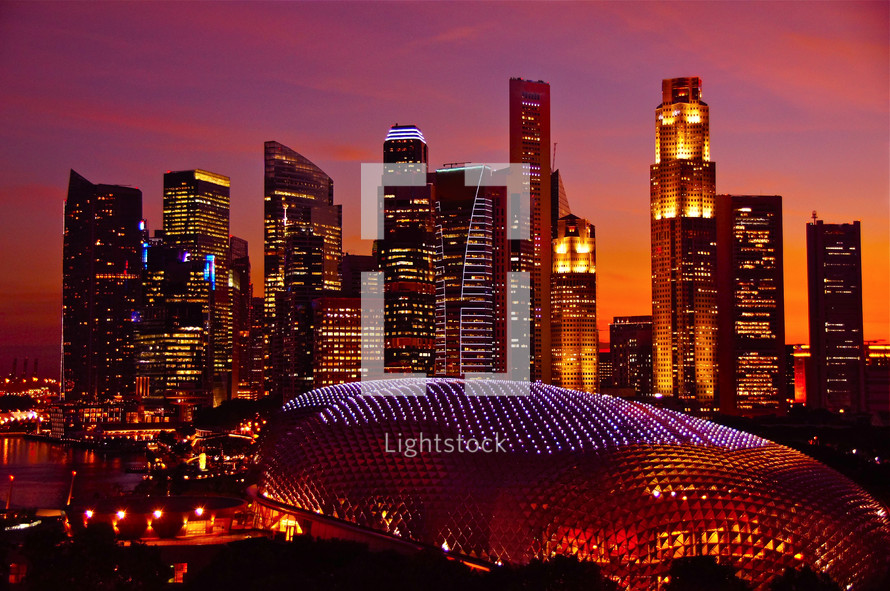 Singapore city night skyline. Singapore Opera House and Marina. 