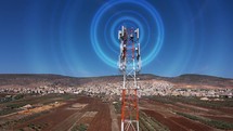 Aerial View Over Cellphone Radio Telecommunication Tower waves animation