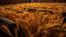 Ripe wheat of the harvest covers the inside of a church building with seats popping up everywhere.