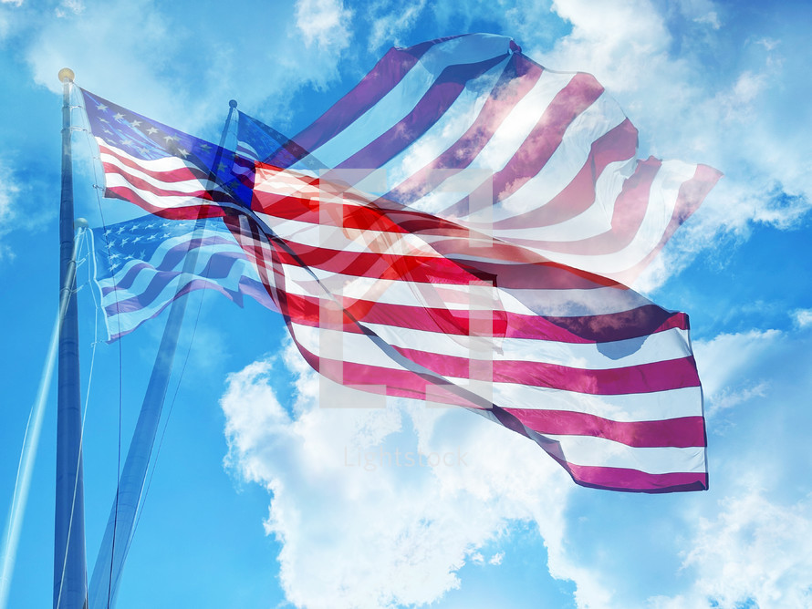 American flag waves in the wind in a triple exposure 