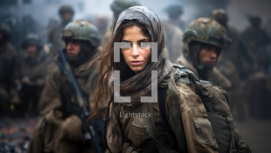 Young woman fighting in a European war. Russia and Ukraine conflict