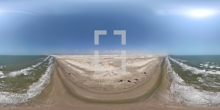 360 aerial photo taken with drone of Canton do Atins at the Atlantic Ocean in Lençóis Maranhenses in the afternoon on the northern coast of Brazil