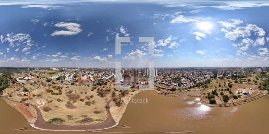 360 aerial photo taken with drone of lake in Parque das Nações Indígenas in Campo Grande, Mato Grosso do Sul, Brazil