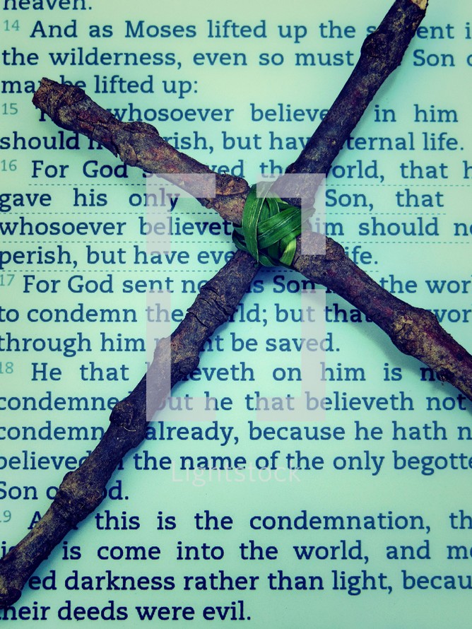 cross made of sticks on the pages of a Bible 