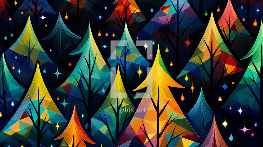 Modern colorful trees illustration at night. 