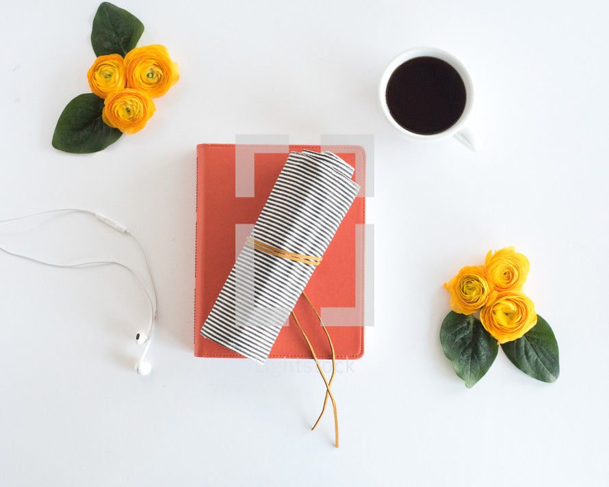 earbuds, fall, journal, yellow, roses, coffee, mug, white background, orange, book 