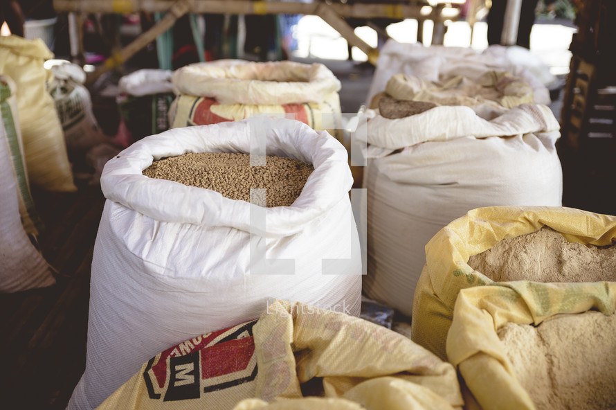 bags of grain in a market 