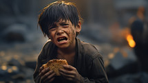 Desperate dirty boy crying with a piece of bread in his hands. War or cataclysm concept