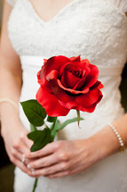 torso of a bride holding a red rose 