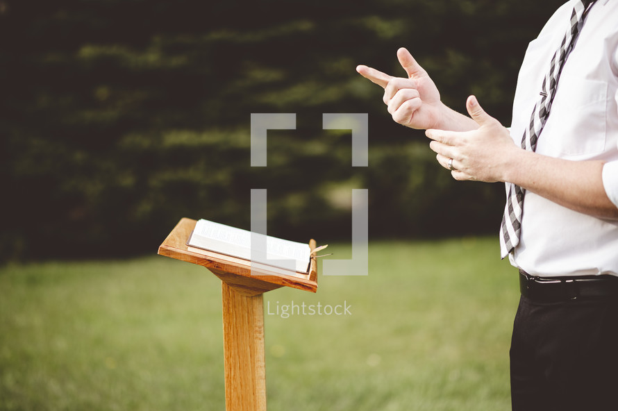 Bible on a podium outdoors 