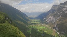 Aerial footage of high-altitude advance over Alpine landscape in Austria