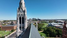 Drone footage of a church steeple in downtown St. Louis, Missouri. 