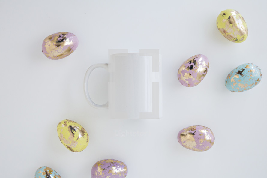 pastel gold speckled Easter eggs and mug