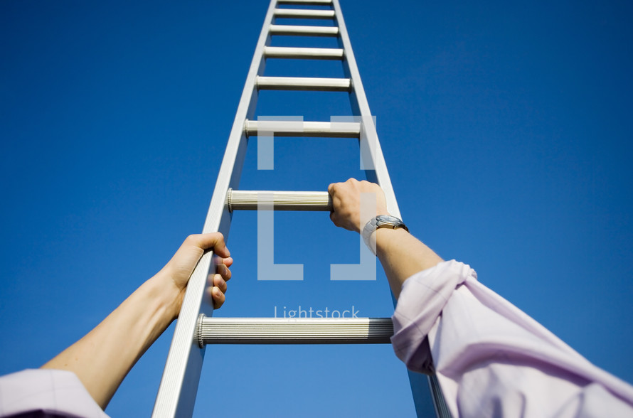 Personal perspective of a businessman climbing a ladder themes of point of view success motivation