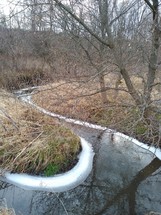 Winding, icy creek with bare trees