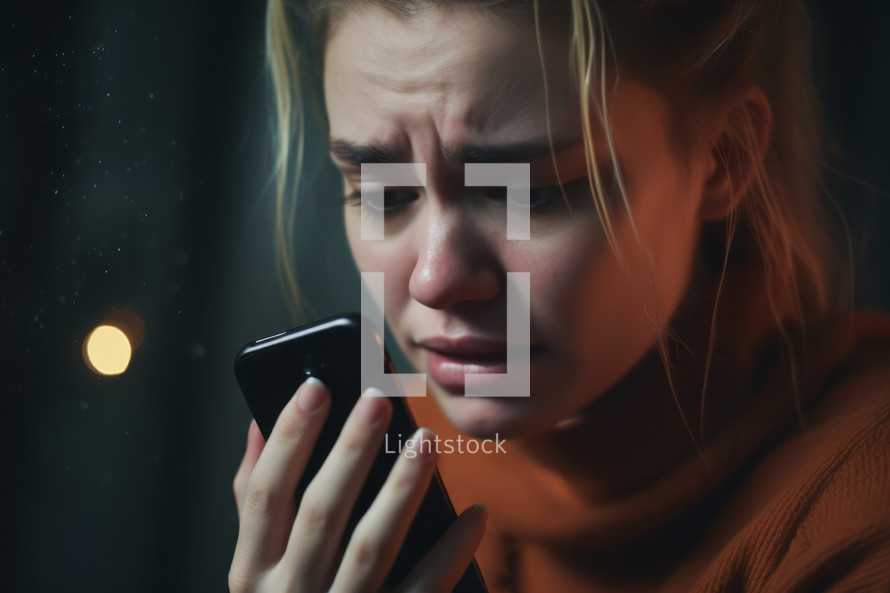 Sad woman looking at her phone