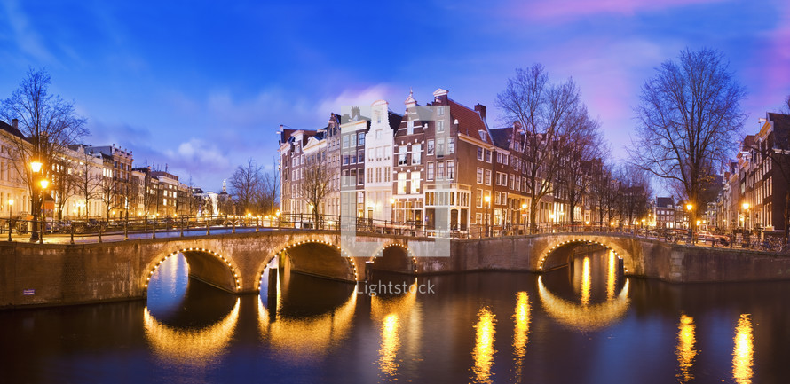 Panoramic view of Keizersgracht Canal at dusk Amsterdam, Netherlands.	