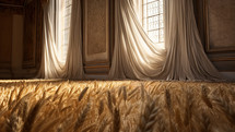 A banquet hall field with wheat ready for harvest, dressed for a wedding. 