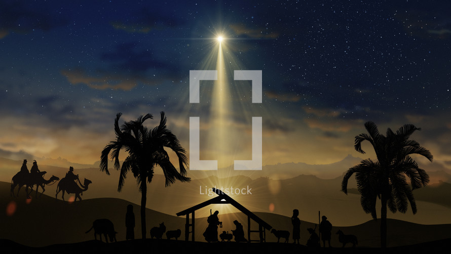 Christmas Scene with twinkling stars and brighter star of Bethlehem with nativity characters animated animals and trees. Seamless Loop of Nativity Christmas story under starry sky and moving wispy clouds.