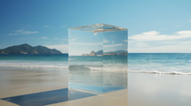 Abstract glass cube on beach
