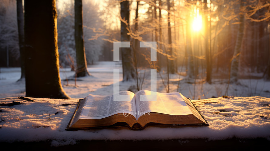 Open Bible on wooden bench in winter sunset