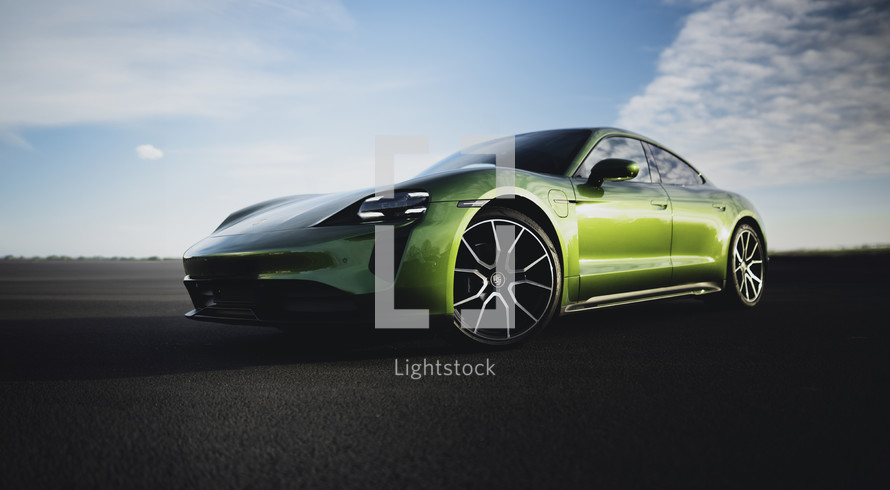 Porsche Taycan electric vehicle, green EV sports car