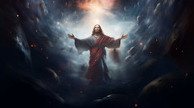 Jesus in space with arms outstretched in heaven