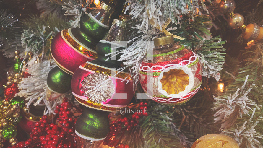 Vintage Christmas ornaments evoke nostalgic childhood memories perfect for a Christmas social media post background, presentation background or general Christmas stock photo