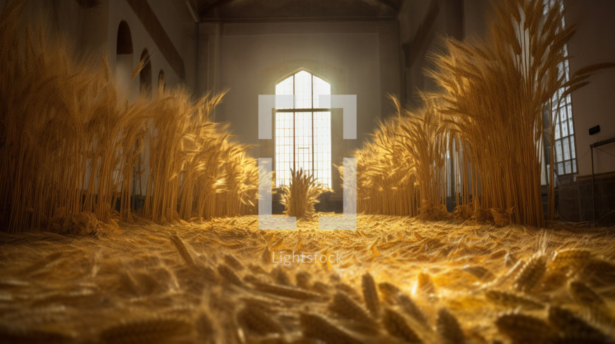 Standing groups of wheat inside a church building at a time of harvest