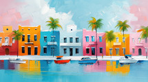 Colorful impressionist painting of a vibrant coastal town with palm trees, boats, and brightly painted buildings.