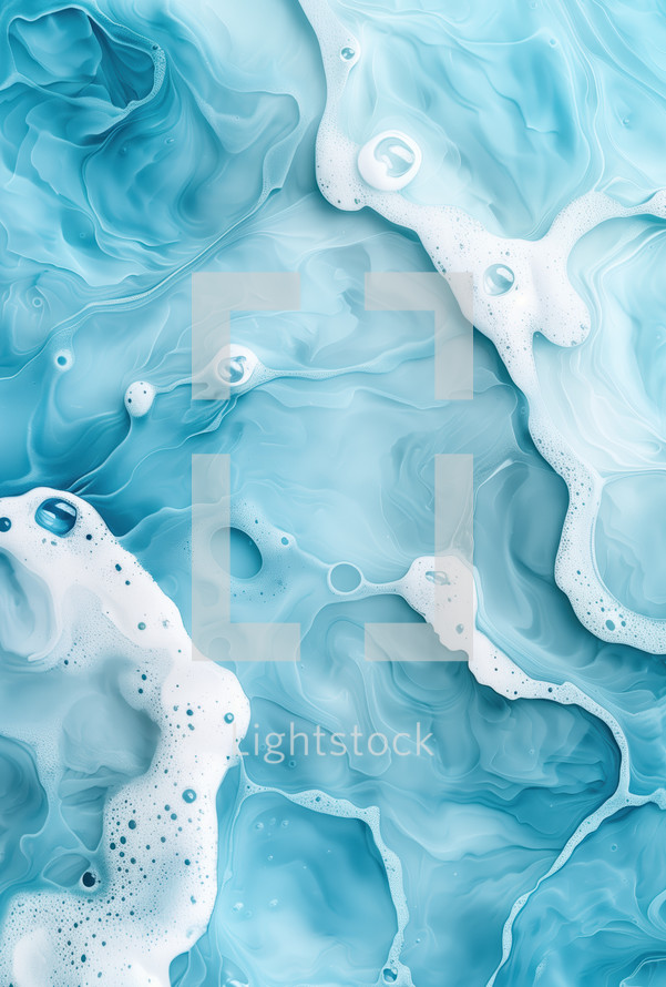 Abstract design featuring swirling blue and white fluid patterns with bubbles, evoking the essence of water, movement, and tranquility.