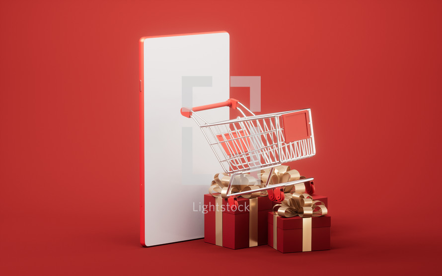 Gift box and shopping cart, 3d rendering.