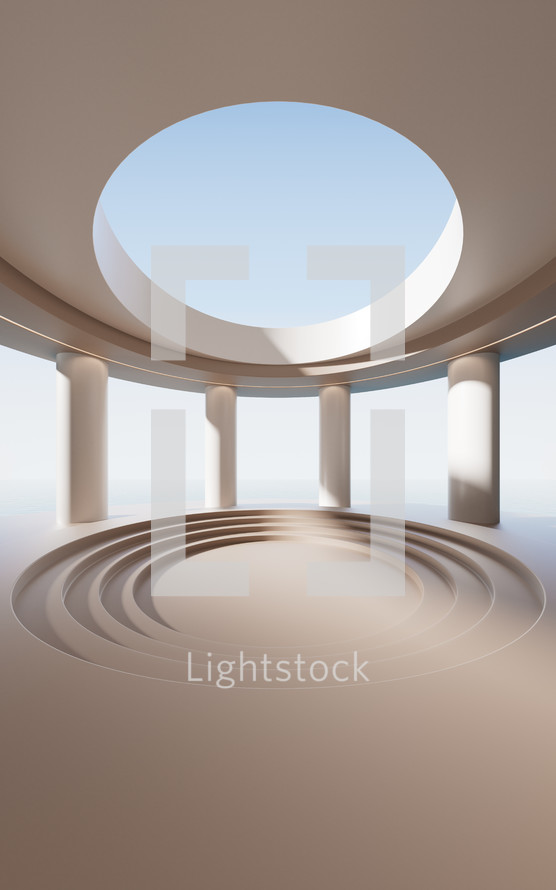 Round room with creative geometries, 3d rendering.