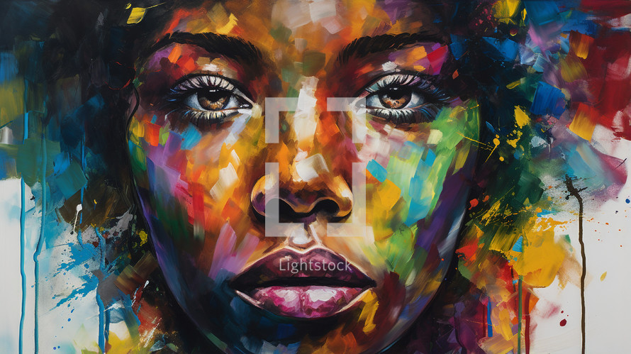 Abstract colorful oil painting of a black woman's face looking at the view. 