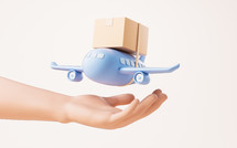 A cartoon plane carrying a box in a hand, 3d rendering.