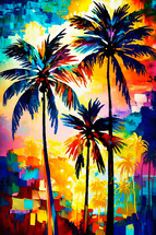 Abstract painting concept. Colorful art of a Caribbean palm tree landscape.