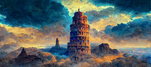 Abstract landscape. Colorful art landscape with the tower of Babel in dramatic light. 