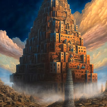 Abstract landscape. Colorful art landscape with the tower of Babel in dramatic light. Art illustration. Digital art image.