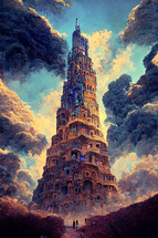 Colorful art landscape with the tower of Babel in dramatic light. Art illustration. Digital art image.