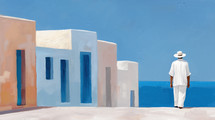 Impressionist painting of Moroccan buildings in soft pastel shades with a person in white walking towards the sea. Features blue doors and windows, and a clear blue sky.