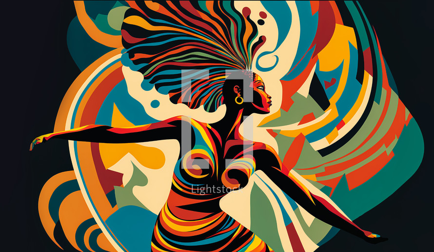 Abstract painting concept. Colorful art portrait of a dancing black woman. African culture.