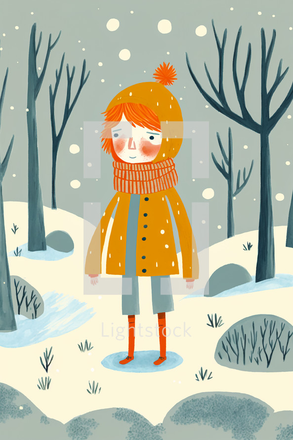 Abstract painting concept. Colorful art for a children's book. Young child standing in the snow. Winter landscape.
