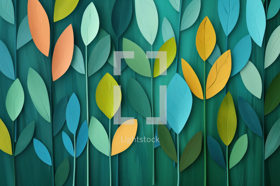 Eco-themed illustration featuring a seamless pattern of stylized leaves in vibrant shades of green, blue, and orange. The design evokes a sense of nature and tranquility.