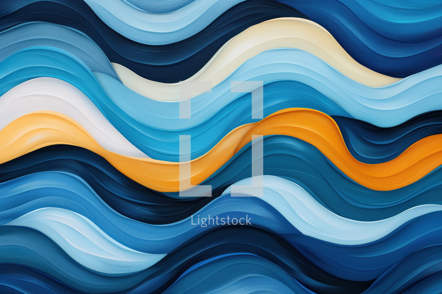 Abstract wave pattern in shades of blue, white, and orange, evoking the fluidity and movement of ocean waves. The dynamic design suggests a coastal, nautical theme.