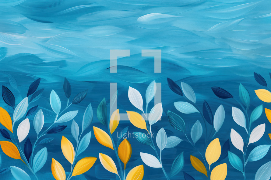 Abstract botanical design with flowing leaves in shades of blue and yellow against a textured blue background, evoking a serene and harmonious natural theme.