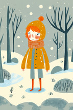 Abstract painting concept. Colorful art for a children's book. Young child standing in the snow. Winter landscape.