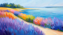 Vibrant impressionist-style painting of a scenic coastal landscape in Maine. Showcases colorful wildflowers along a sandy path leading to the calm, blue waters, with lush green trees in the background.