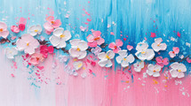 Colorful abstract painting of blooming flowers on a gradient background, blending blue, pink, and white hues. The impasto technique adds texture and depth to the vibrant floral artwork.