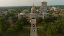 Drone Footage of the Mississippi Capitol Building Downtown Jackson From the Front At Sunset. High quality 4k footage